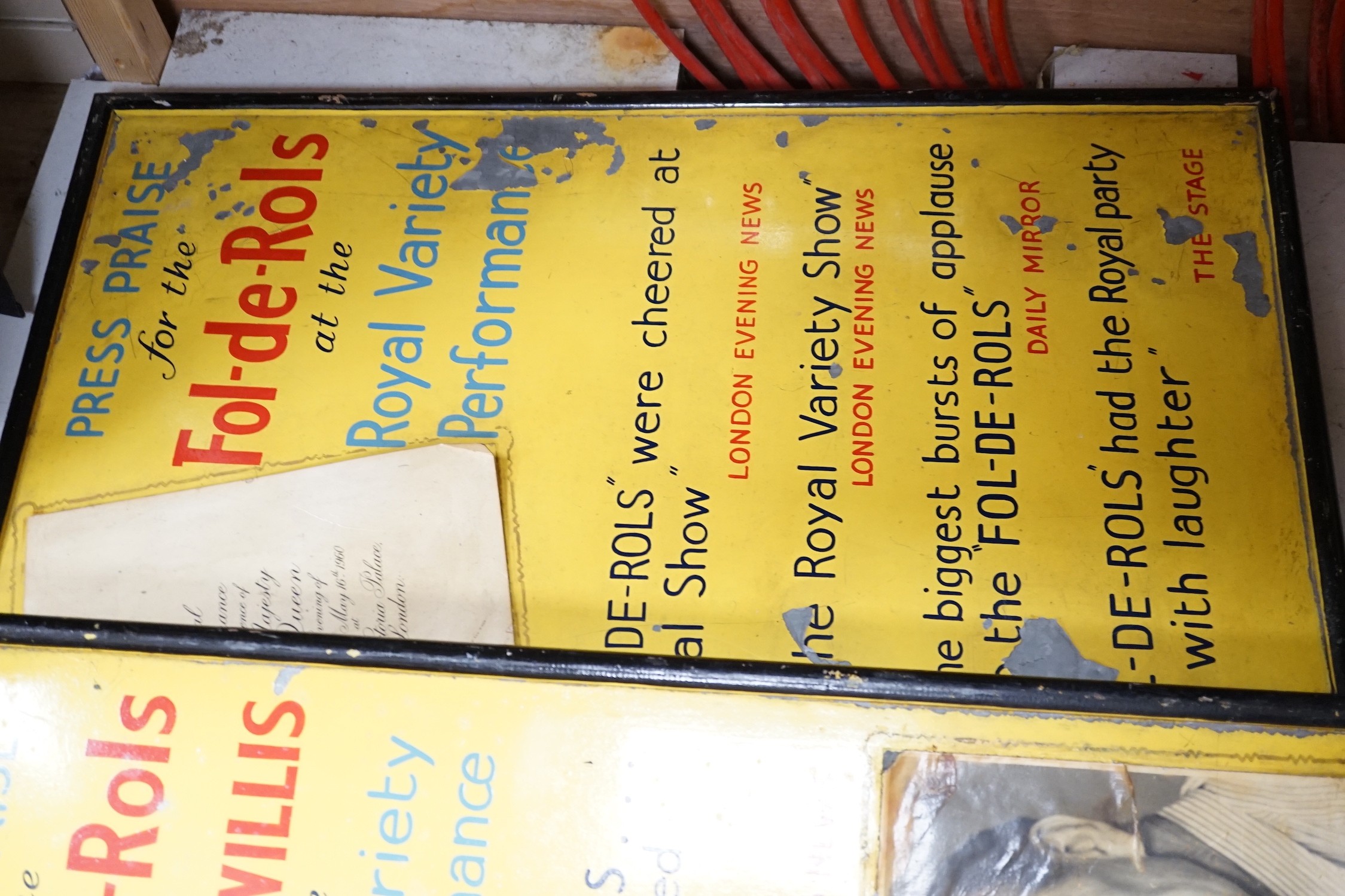 Two enamelled metal ‘Royal Variety’ advertisement posters, 78cms high x 53cms wide